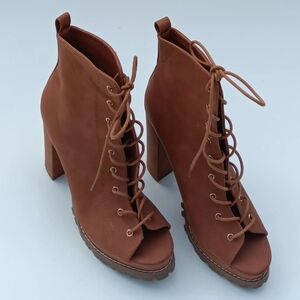 LILIANA Women's Brown Peep Toe Lace-Up Heeled  Ankle Boots - 9